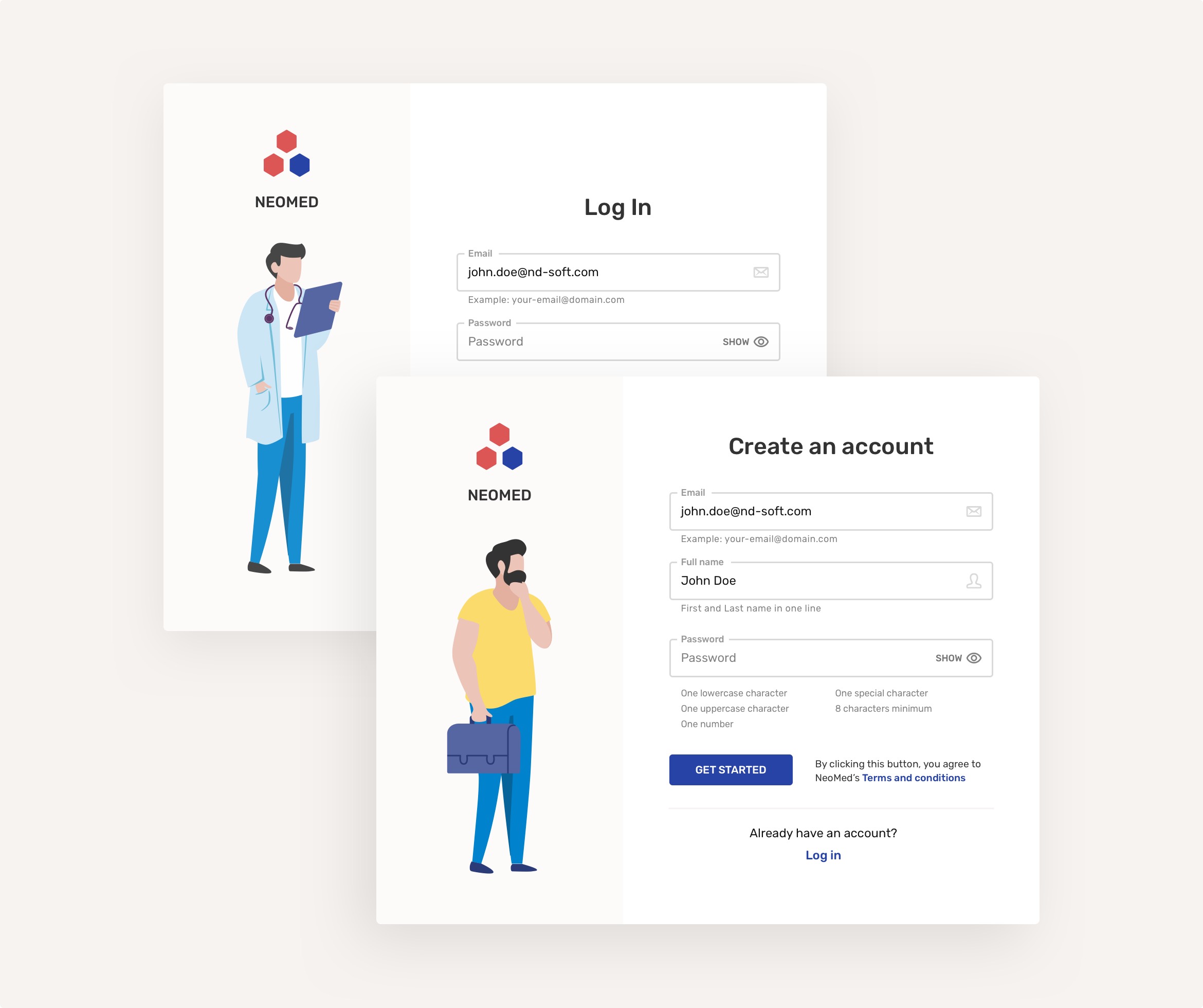 Registration and log-in UI with illustrations